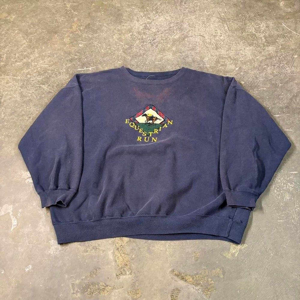 Vintage 90s Equestrian Run Faded Navy Blue Sweatshirt Mens XL Boxy Embroidered